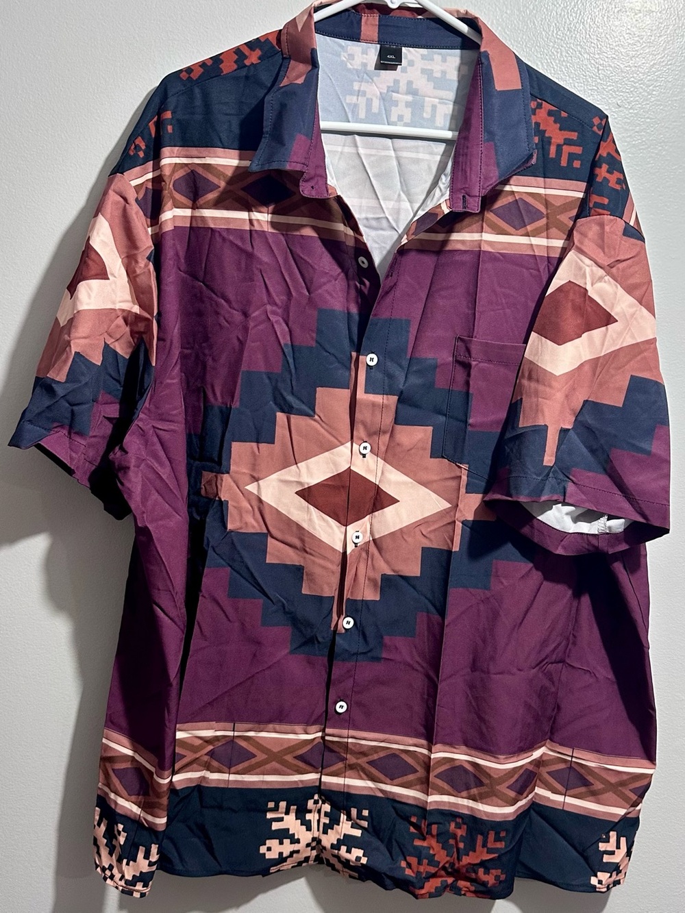 Casual Short-Sleeve Button-Down Shirt Burgundy Geo Print Size 4XL (1468)